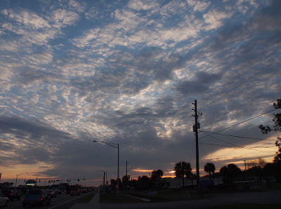 [This is a wide-angle view of the sky and the sky fills more than three-quarters of the image. The sky is mostly blue and white. A larger cloud bank close to the horizon is a solid blue-grey. This view looks down the roadway so there are light and utility poles as well as some palm trees on the ground.]